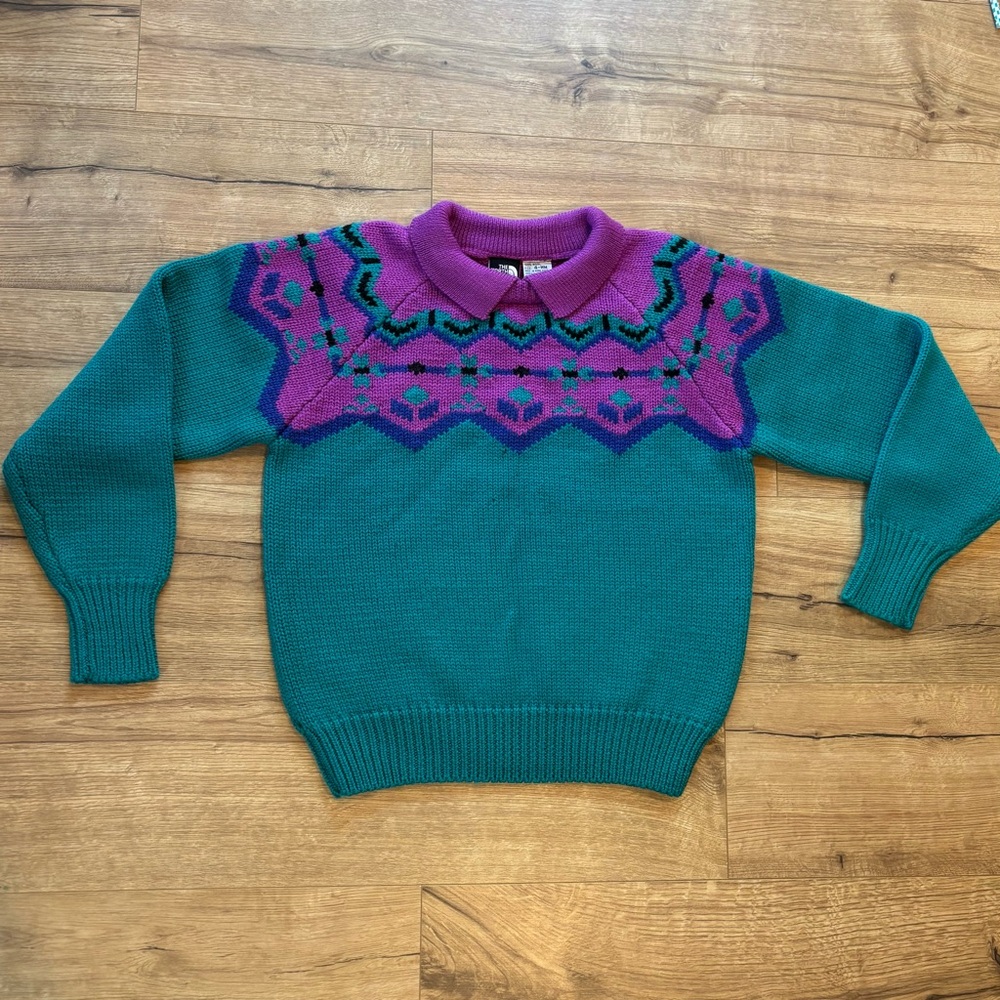 Vintage North Face Blue/Purple Knit Geometric Wool Collared Sweater Women Size 4